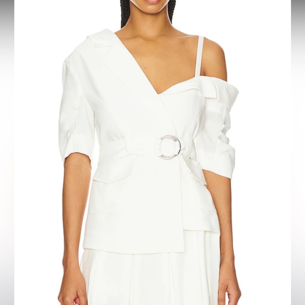 Cinq A Sept White Asymmetric Off-Shoulder Belted Blouse